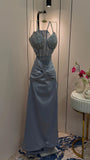 MQTIME  -  Grey Blue Mermaid Satin Evening Dress Halter Corset Rhinestone Beaded Twisted Waist Formal Wedding Party Prom Gown