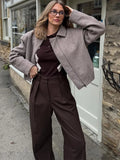 MQTIME  -  Vintage Solid Turndown Collar Coats For Women Elegant Long Sleeves Zipper Loose Jacket Fashion Commute High Street Outwear 2025