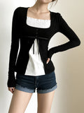  MQTIME  -  French Sweet Patchwork Contrast Color Fake Two Piece Slim Square Collar Long Sleeve Slim T-Shirts