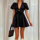 MQTIME  -  New European and American cross-border women's clothing wholesale women's bubble sleeve bow decoration elastic waist dress