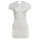 MQTIME  -  Hollow Out Ruched Bodycon Mini Dress Women Sexy O-neck Short Sleeve Backless Wrap Hip Slim Party Night Clubwear Streetwear