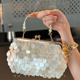  MQTIME  -  Elegant Shell Sequined Clutch Bag, Gold Handle Purse With Metal Flower Frame, Women Clamp Design Handbag For Wedding Party Gift