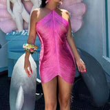 MQTIME  -  Women Backless Tassel Fringed Hollowed Halter Neck Summer Sleeveless Slim Bodycon Short Mini Dress Night Out Clubwear
