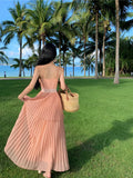 MQTIME  -  Beach Holiday Pink Backless Neck-mounted Long Dresses Summer French Hepburn Pressure Pleated Big Swing Casual Female Clothing
