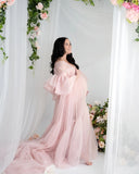 MQTIME  -  Light Pink Maternity Dresses V Neckline Ruched  Long Sleeve Pregnancy Women Robes for Photo Babyshower Vestidos with Two Pieces