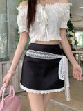 MQTIME  -  Black Hip Wrap Mini Skirt Women Kawaii Lace Patchwork High Waist A-line Skirt Summer Fashion Korean Style Cutecore Skirt