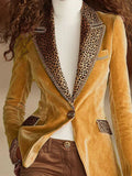 MQTIME  -  Vintage Leopard Printed Patchwork Velvet Jacket Casual Long Sleeve Slim Commute Coat Autumn Winter New Women's Button Outerwear