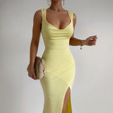MQTIME  -  Lady New Slim High Waist Split Dress Temperament High Waist Sleeveless Halter Dress Summer New Solid Color Bodycon Evening Dress