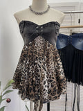 MQTIME  -  Y2k Lace-up Bandage Leopard Patchwork Sheer A-LINE Sleeveless Strapless Vest