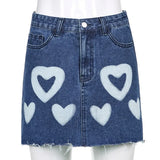 MQTIME  -  Y2k Vintage Party Club Streetwear Mini Skirts Bodycon Clothes 2024 Fashion Harajuku Women Lovely Heart Print A Line Denim Skirt