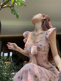 MQTIME  -  Bowtie floral V-neck flying sleeve dress for women summer pink gentle long dress slim waist A-line Dress