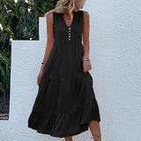 MQTIME  -  Solid Color Straight Tank Dress Sleeveless Holiday Viscose Maxi Dress Button Up V Neck Boho Dress Vacation Robes