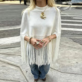 MQTIME  -  Fringe Hem High Mock Neck Women Poncho Loose Batwing Sleeve Relaxed Oversize Sweater Straight Fringe Hem Top City Street Wear