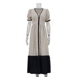 MQTIME  -  New Linen Contrast Cardigan Dress Design Sense Ruffle Sleeve Temperament Waist Slit Long Skirt