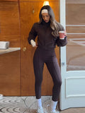  MQTIME  -  Solid High Neck Coat Slim Pants Set Women New Cropped Jacket High Waist Pants Suit Female Spring Winter Warm Chic Outwear Sets