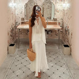 MQTIME  -  2 Pieces Sets Elegant Simple Casual Style Solid Sleeveless Halter Tie Up Tops Sheer Long A-line Skirt Suit Women's Mori Summer