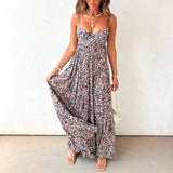 MQTIME  -  Elegant Off Shoulder Hollow Suspenders Dress Women Fashion Floral Print Big Swing Party Dress Sexy Sleeveless Pleated Long Dress