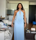 MQTIME  -  Sexy Blue Halter Dress Women Fashion Hollowed-out Sleeveless Backless Bodycon Maxi Dresses Summer Lady Party Club Robes