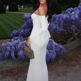 MQTIME  -  Fashion Mesh Lace Embroidery Long Dress Elegant One Shoulder Slim Fishtail Dress Women Casual Flared Sleeve Solid Evening Dress