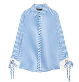 MQTIME  -  Women Orange White Vertical Stripe Shirt Lapel Collar Long Sleeve Cuff Tie Loose Pocket Front Shirts Lady Oversize Casual Blouse
