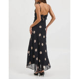 MQTIME  -  Women Y2k Polka Dot Ruffle Trim V-Neck Cami Long Dress Spaghetti Strap Tied Backless Sheer Mesh Maxi Aline Slip Dress