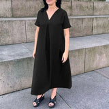 MQTIME  -  Women 2025 Patchwork Loose Office Dress Elegant Short Sleeve Pocket Long Dress Simple Solid Cotton Linen V-Neck Pullover Dress