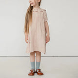 MQTIME  -  Summer Cotton Linen Ruffled Crew Neck Girls Dress New Casual Loose Ruched Back Wooden Buttons Short Sleeve Linen Dresses