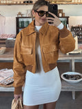  MQTIME  -  Fashion Retro Lapel Short Leather Jacket Women Full Sleeve Zipper Pocket Cropped Jackets Lady Daily Highstreet Outerwear