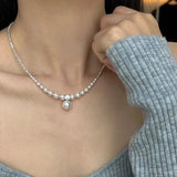 MQTIME -  Exquisite Charm Imitated Pearl Neck Chain Trendy Cubic Zirconia Necklace Women's Classic Delicate Silver Colour Square Necklaces