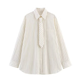 MQTIME  -  Boyfriend Style Striped Loose Full Sleeve White Shirts Women Casual Single Breasted Shirt With Tie Autumn New Women Tops