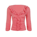 MQTIME  -  Sexy Folds Edible Tree Fungus Solid V Neck Long Sleeve Slim Temperament All Match Women's T-shirts