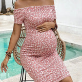 Mqtime Summer Korean Version of the New Slimming Fashion Line Shoulder Floral Skirt Temperament Maternity Dress