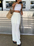 MQTIME  -  Fashion Holiday Loose Straight Long Pants Embroidered Hollow Spring Summer Pants Casual Elastic Waist Solid Color Women's Pants