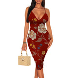 MQTIME  -  Women's Spaghetti Strap Sexy Bodycon Floral Print Midi Dress Deep V-Neck Sleeveless Cocktail Party Club Guest Dresses
