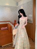 MQTIME  -  Summer Floral Printed Long Dress Women Patchwork Lace Chiffon Fairy Dress Casual Gold Stamping Bow Tie Suspender Dress