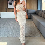 MQTIME  -  Temperament One Shoulder Lace Patchwork Long Dress Fashion Bag Hips Embroidery Party Dress New Women Solid Hollow Vacation Dress