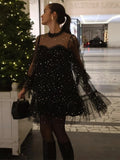  MQTIME  -  Women's Dresses Woman Clothes Evening Dress Sheer Tulle Star-Sequin Dress Party Fashion Long-Sleeve Sexy Mini Gown Outerwears