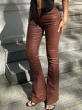  MQTIME  -  Women PU Leather Long Pants Solid Color High Waist Bell Bottom Trousers for Party Fashion Streetwear