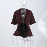  MQTIME  -  Chic Fringed Fitted Shirts Women V Neck Short Sleeves Lace Up Ruffles Blouse Female Summer New Vintage Fashion Tops Lady