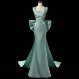 MQTIME  -  Simple Mint Green Satin Women's Mermaid Evening Dresses Big Back Bow Long Train Sleeveless Formal Evening Party Gown