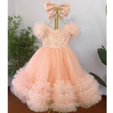 MQTIME  -  Customized Blush Flower Girl Dresses Tulle Flory Aplliques With Bow Short Sleeve For Wedding Birthday Prom Holy Communion Gowns