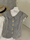  MQTIME  -  Summer French Vintage Plaid Print Peter Pan Collar Short Sleeve Single Breasted Women Shirt