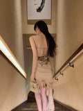 MQTIME  -  Korean Fashion Style Sexy Spaghetti Strap Dress Elegant Rose Print Sleeveless Irregular Backless Waist Slim Vest Vintage Dresses