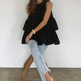 MQTIME  -  Black Sleeveless Women's  New Fashion Summer Kawaii Round Neck T-shirt Top with Ruffled Cute Korean Loose Women's Vest Top