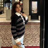  MQTIME  -  Women Fashion Striped Print Knitted Sweaters 2026 Star Same Style Long Sleeve Female Pullovers Elegant Chic Knitwear Top
