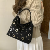 Retro Niche Metal Rivet Tote Bag for Women New Versatile Biker Style Shoulder Crossbody Bag
