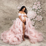 MQTIME  -  Pearl Tulle Maternity Dress for Photoshoot Long Puffy Sleeve Off Shoulder Babyshower Bridal Pregnancy Gowns