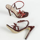 MQTIME  -  High heeled sandals party wine red high heels beautiful ladies butterfly decoration rhinestones