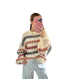 MQTIME  -  European and American autumn and winter new casual fashion retro color blocked coarse knitted loose bat sleeve sweater