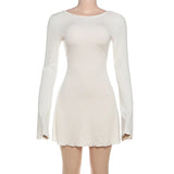 MQTIME  -  Women Solid Ruffles Ribbed A-line Mini Dress Autumn Sexy Backless O Neck Full Sleeve Slim Casual Streetwear Night Clubwear